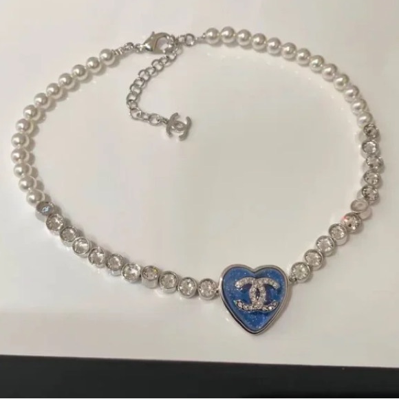 Pearl and Silver Necklace with Blue Heart Pendant - Picture 2 of 4